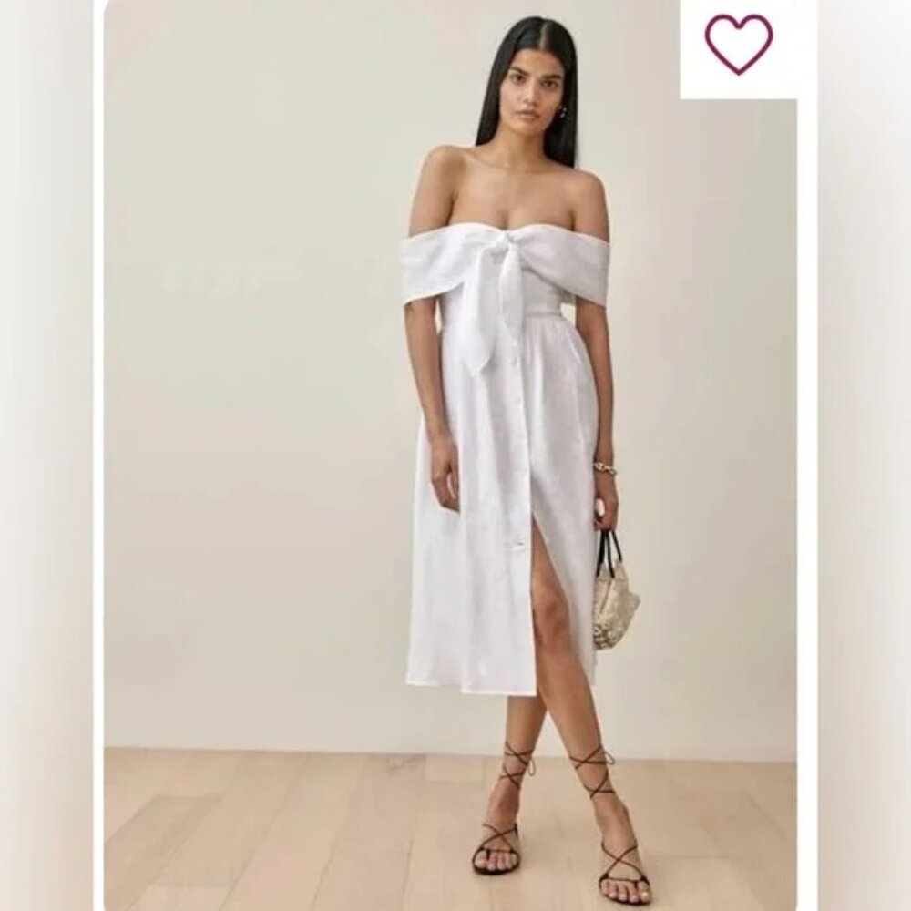 Reformation Barrington Linen Dress — White, Off‑Shoulder, Tie‑Front, Size S